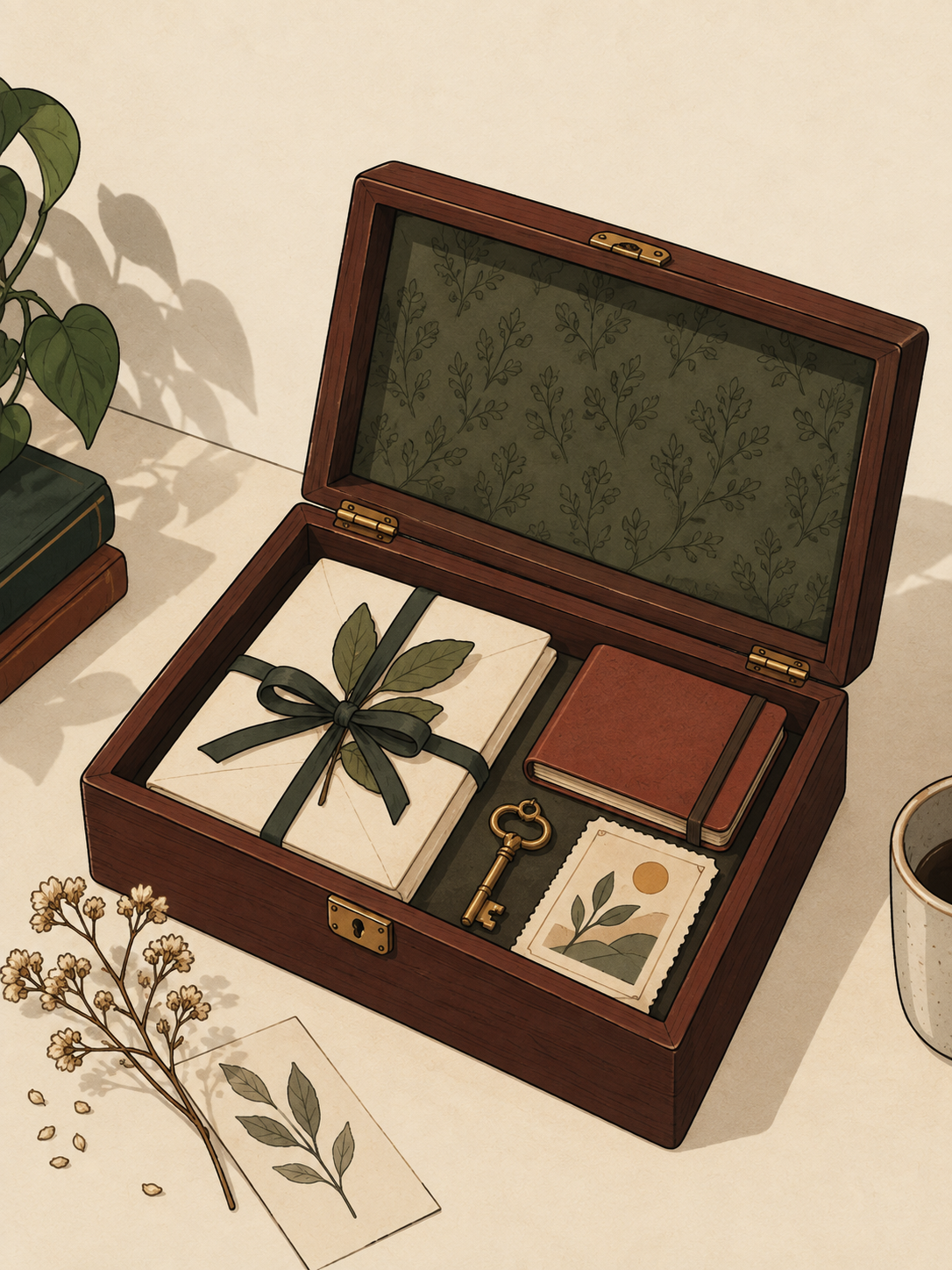 An open wooden keepsake box holding a letter, a notebook, a brass key and a pressed leaf.